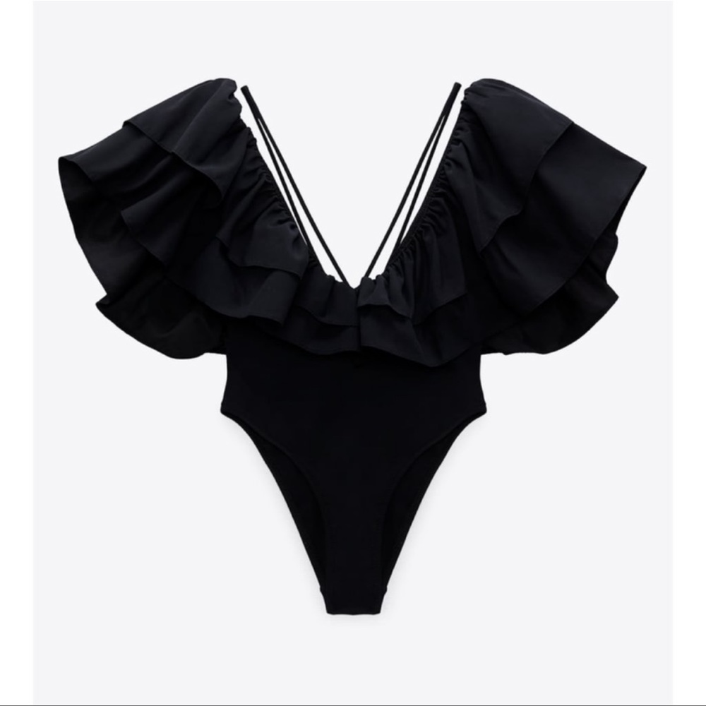 Zara Black Ruffle One-Piece Swimsuit
